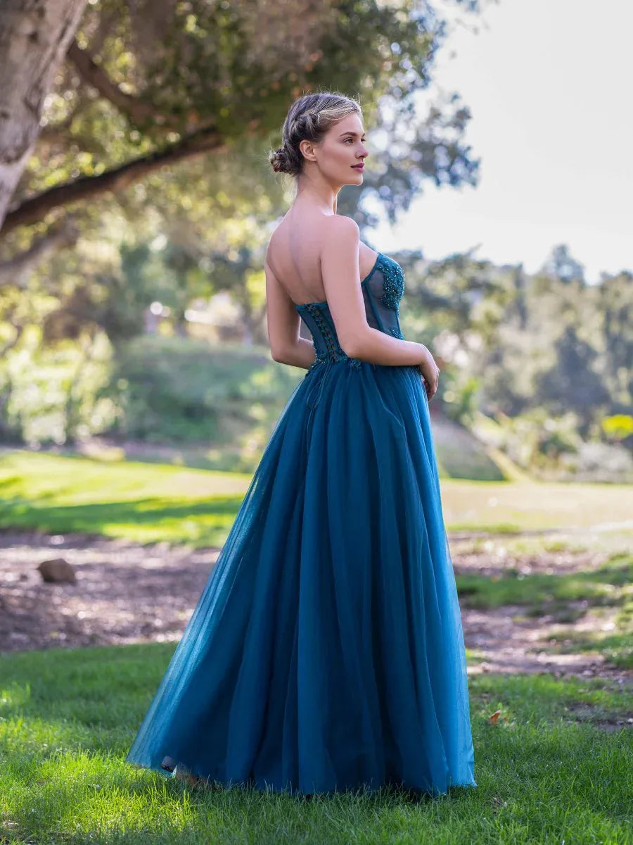 A-line Sweetheart Beaded Applique Tulle Peacock Floor Length Prom Dress