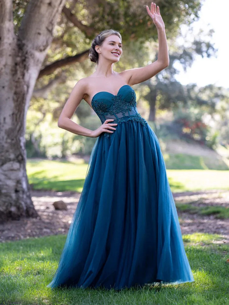A-line Sweetheart Beaded Applique Tulle Peacock Floor Length Prom Dress