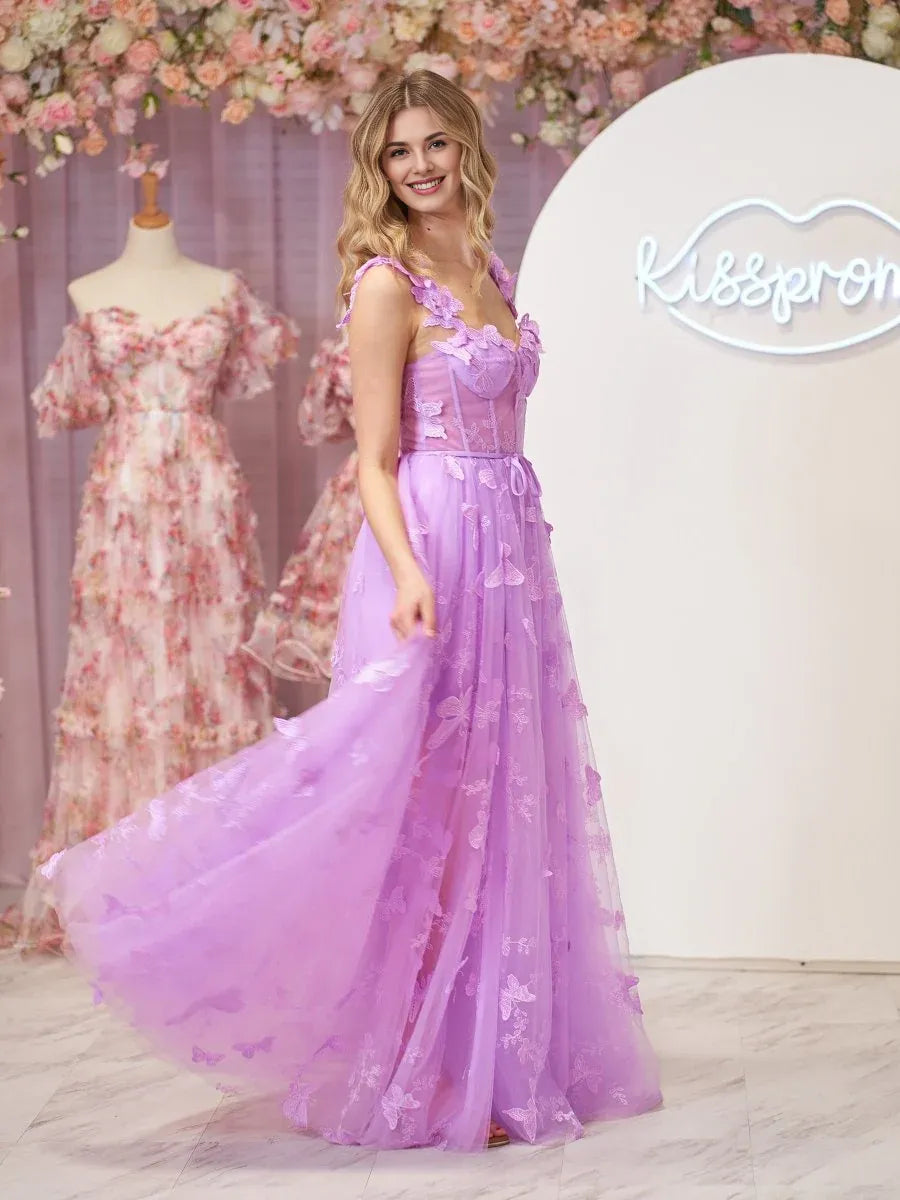 A-line Sweetheart Corset Butterfly Lace Tulle Lilac Prom Dress With Slit