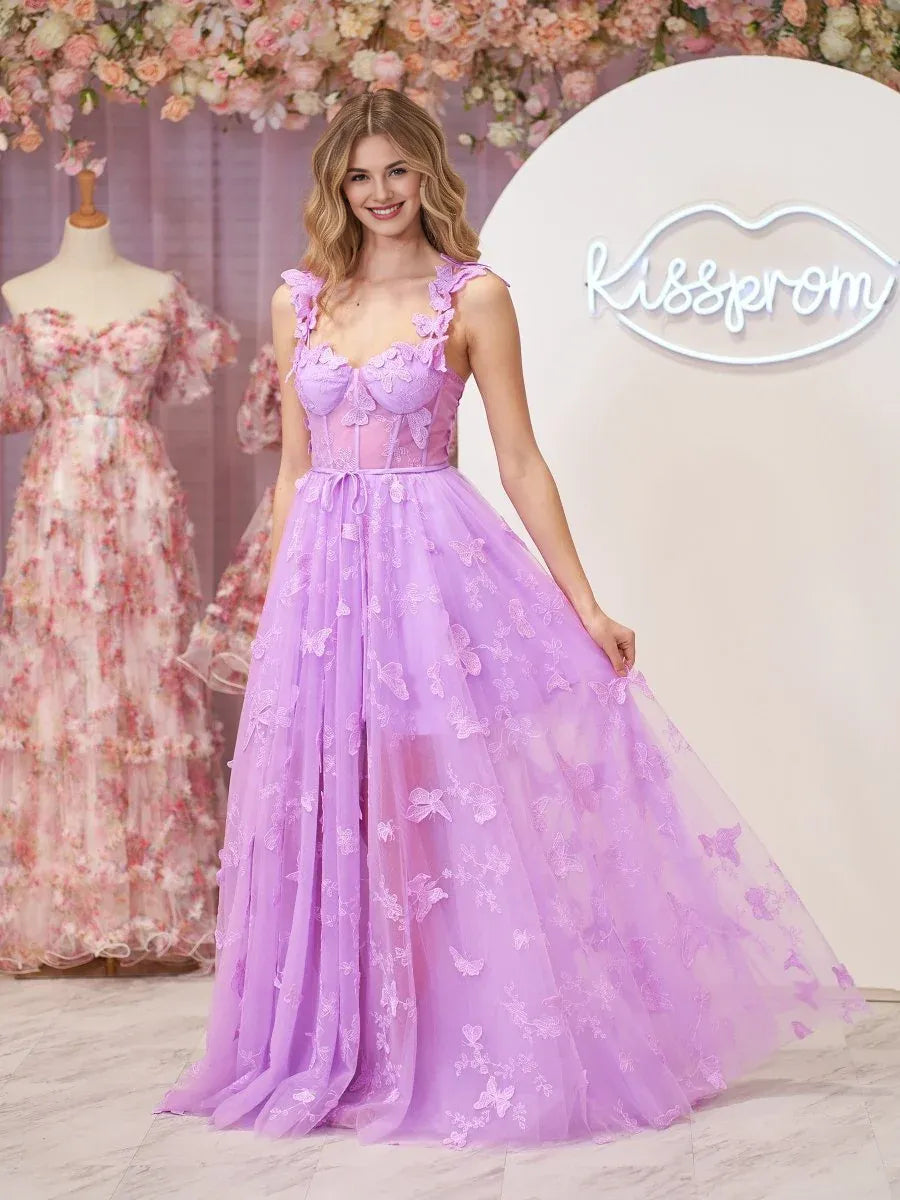 A-line Sweetheart Corset Butterfly Lace Tulle Lilac Prom Dress With Slit