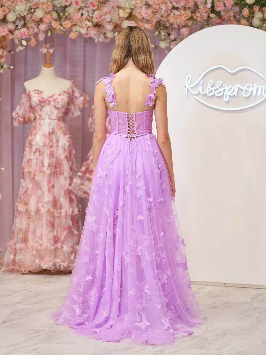 A-line Sweetheart Corset Butterfly Lace Tulle Lilac Prom Dress With Slit