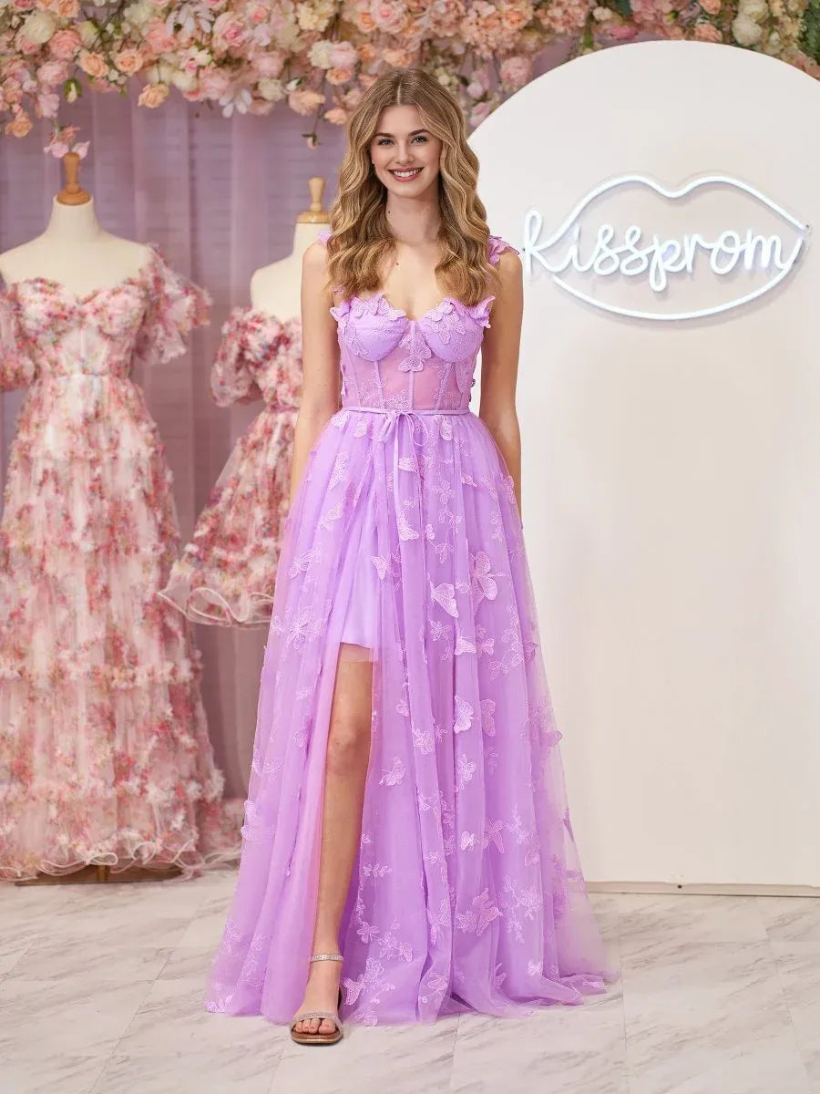 A-line Sweetheart Corset Butterfly Lace Tulle Lilac Prom Dress With Slit