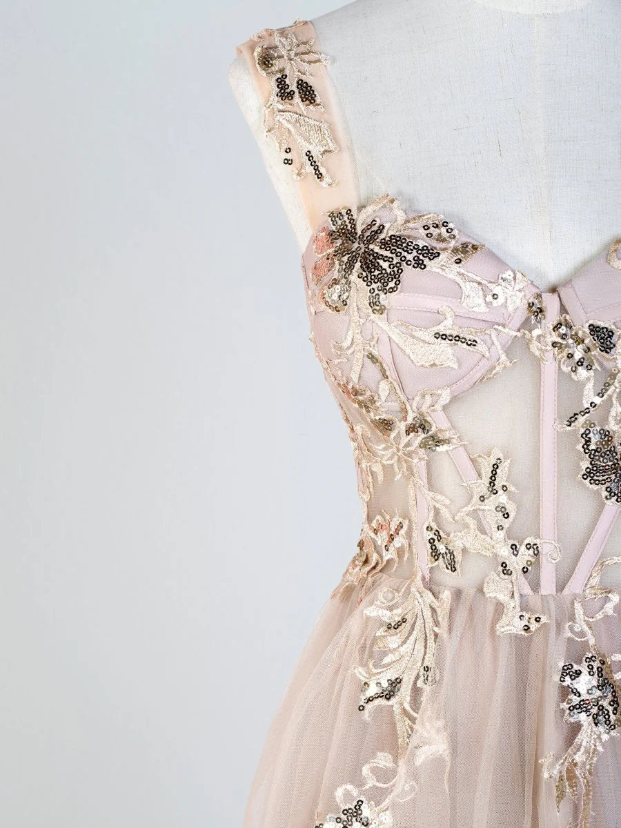 A-line Sweetheart Corset Sequins Applique Tulle Floor-Length Prom Dress
