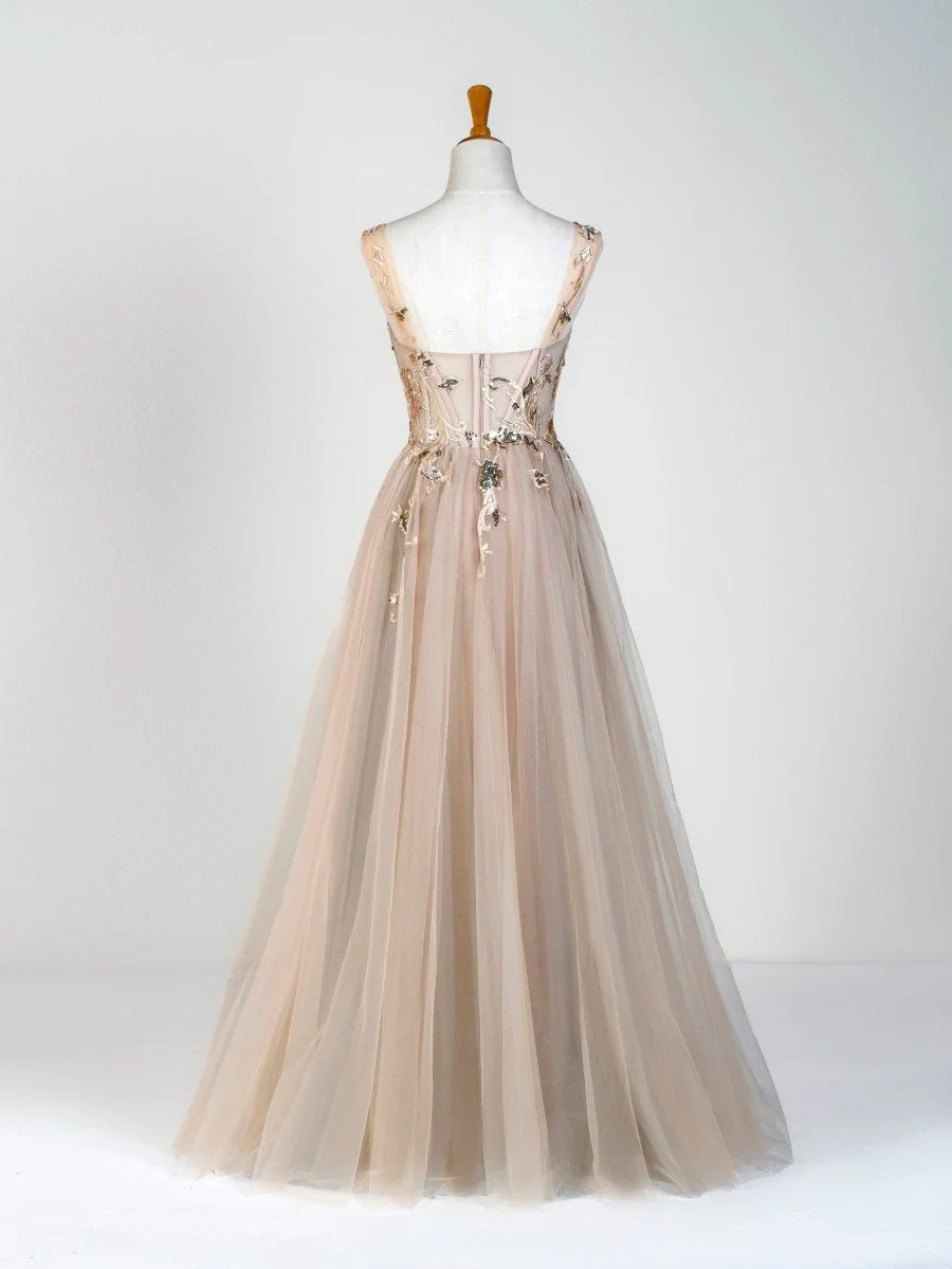 A-line Sweetheart Corset Sequins Applique Tulle Floor-Length Prom Dress