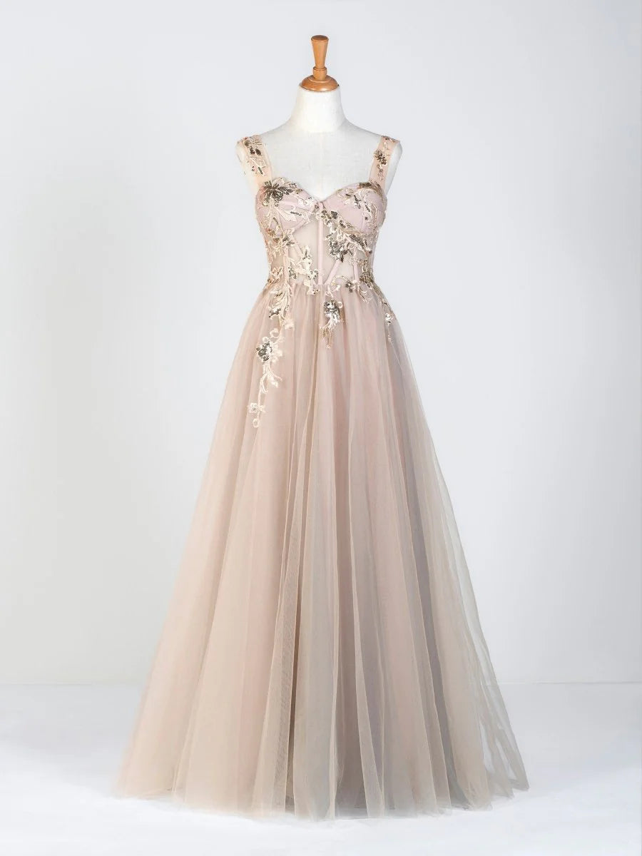 A-line Sweetheart Corset Sequins Applique Tulle Floor-Length Prom Dress