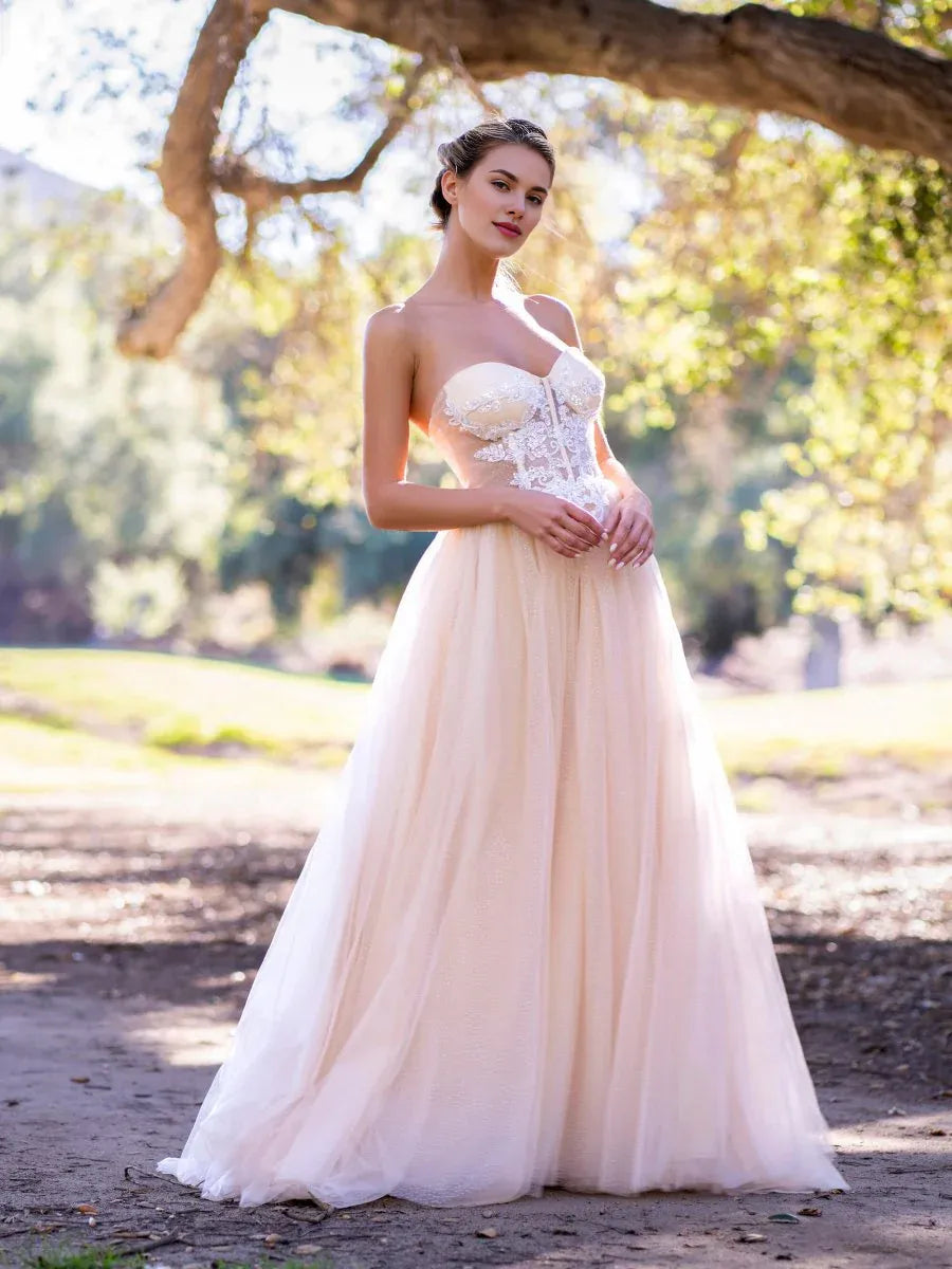 A-line Sweetheart Corset Sequins Applique Tulle Floor Length Prom Dress