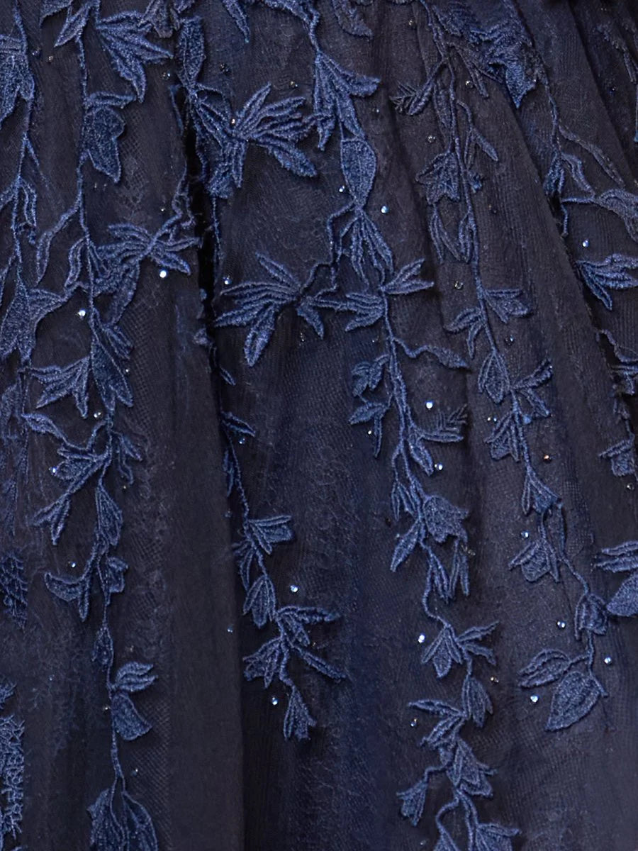 A-line Sweetheart Lace Appliques Tulle Navy Blue Prom Dress With Slit