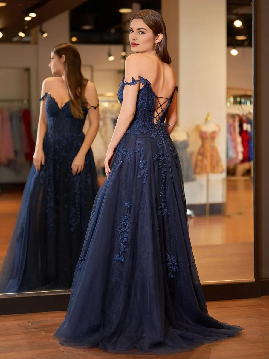 A-line Sweetheart Lace Appliques Tulle Navy Blue Prom Dress With Slit