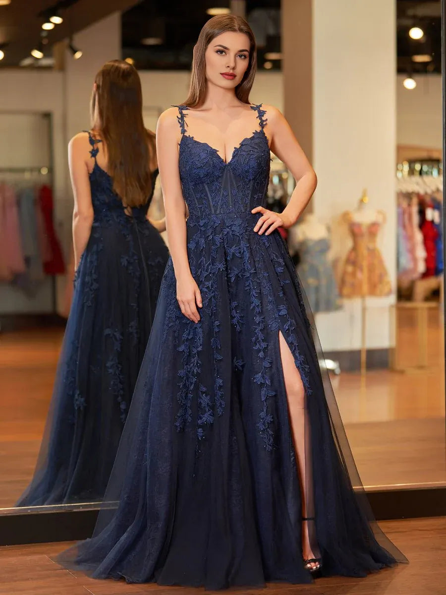 A-line Sweetheart Lace Appliques Tulle Navy Blue Prom Dress With Slit
