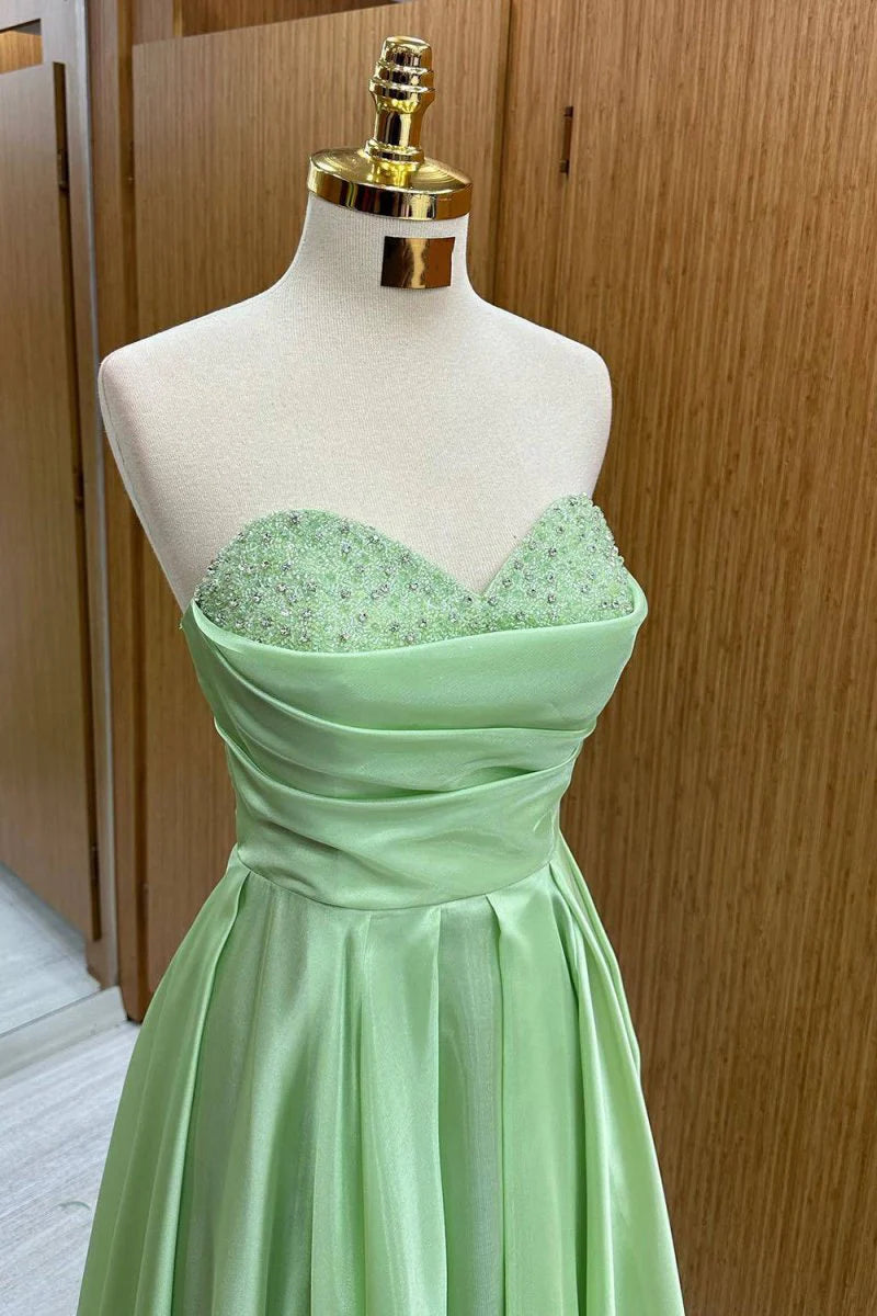 A-line Sweetheart Pleated Beaded Sequined Green Long Evening Dress