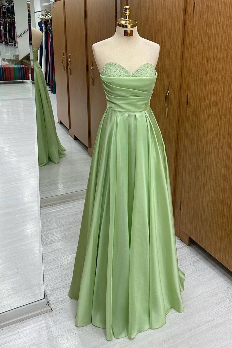 A-line Sweetheart Pleated Beaded Sequined Green Long Evening Dress