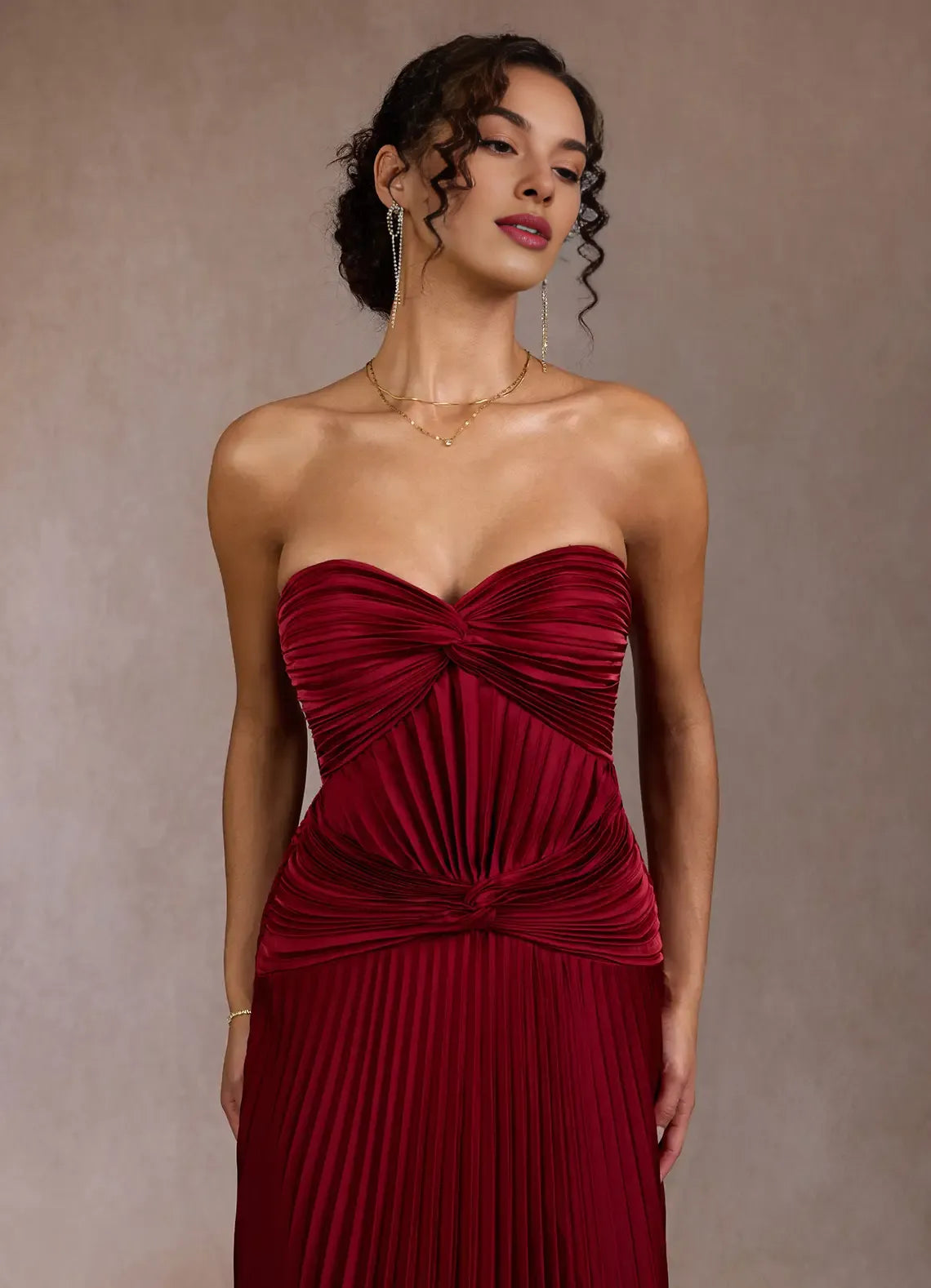 A-line Sweetheart Pleated Twisted Satin Ruby Red Maxi Evening Dress