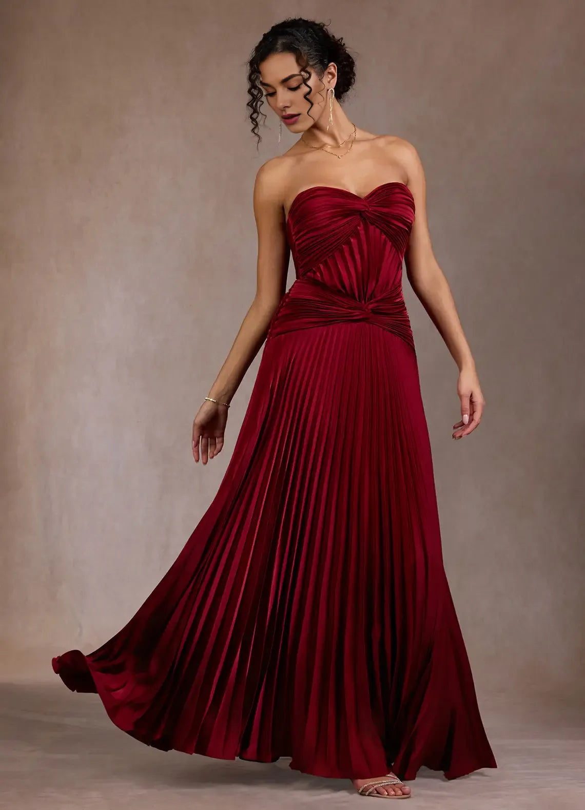 A-line Sweetheart Pleated Twisted Satin Ruby Red Maxi Evening Dress