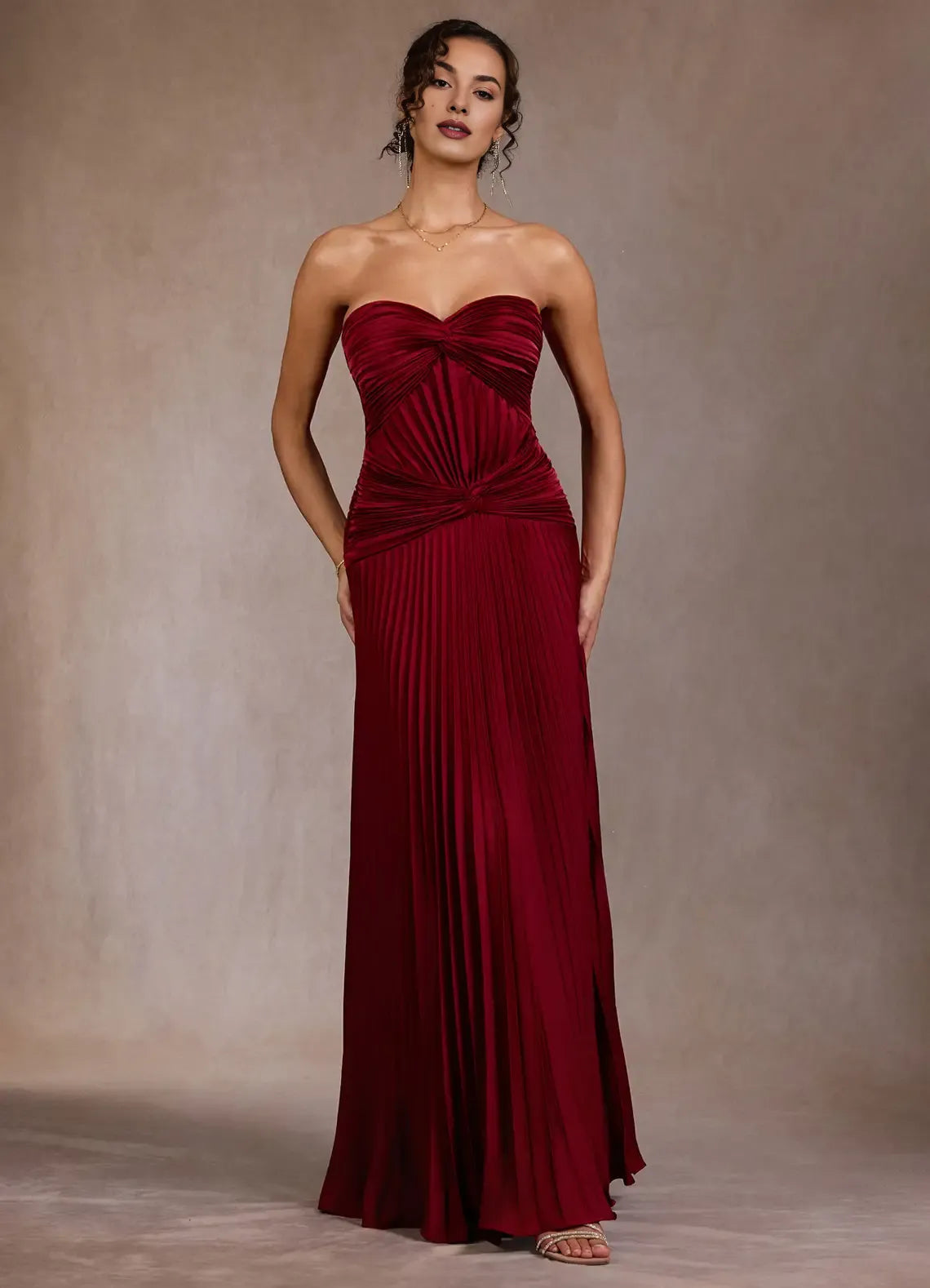 A-line Sweetheart Pleated Twisted Satin Ruby Red Maxi Evening Dress