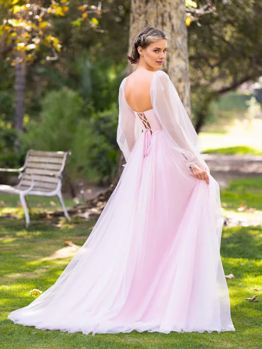 A-line Sweetheart Puffy Sleeves Corset Tulle Pink Floor Length Prom Dress