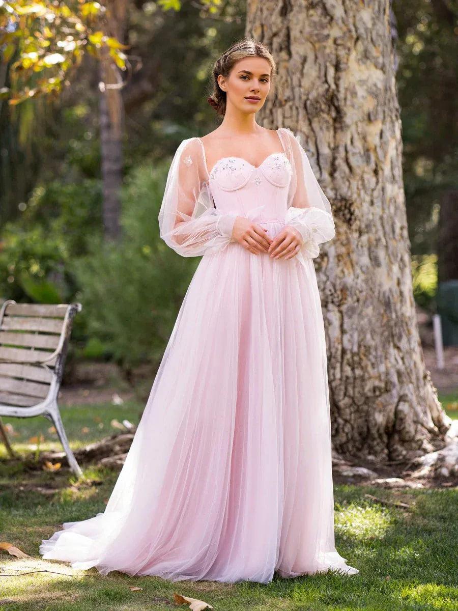 A-line Sweetheart Puffy Sleeves Corset Tulle Pink Floor Length Prom Dress