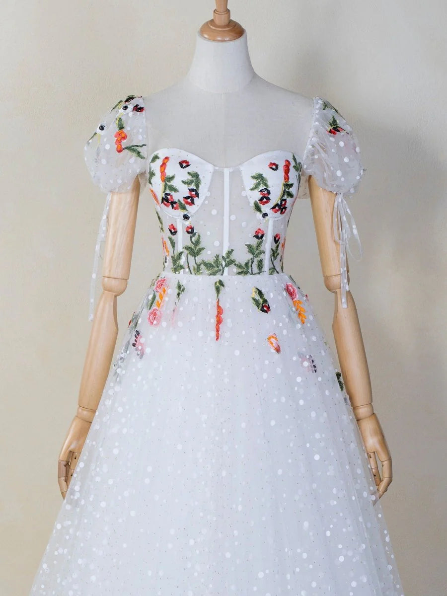 A-line Sweetheart Puffy Sleeves Embroidered Tulle White Long Prom Dress