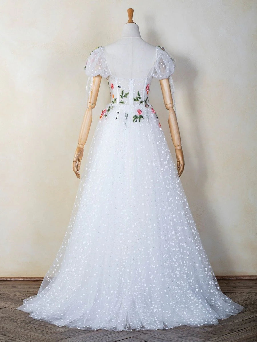 A-line Sweetheart Puffy Sleeves Embroidered Tulle White Long Prom Dress