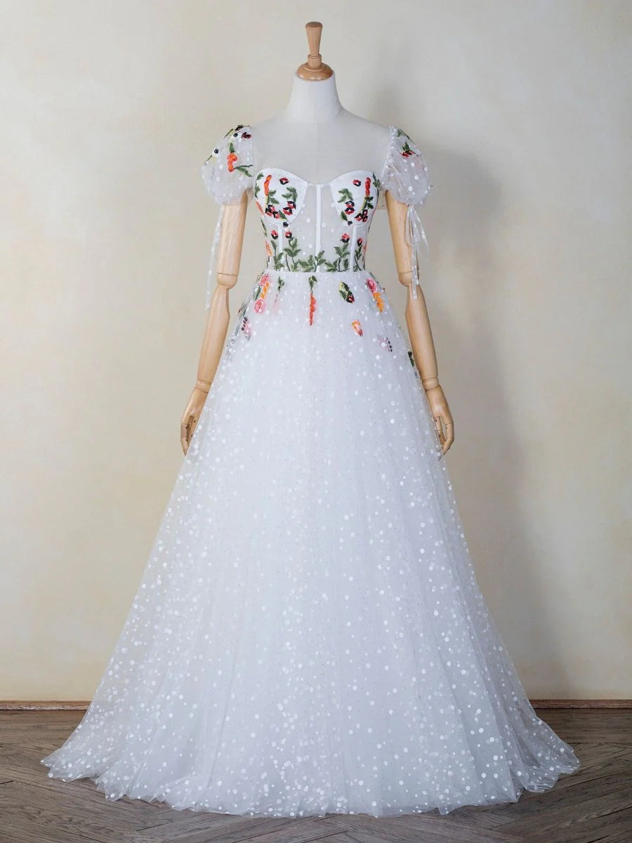 A-line Sweetheart Puffy Sleeves Embroidered Tulle White Long Prom Dress