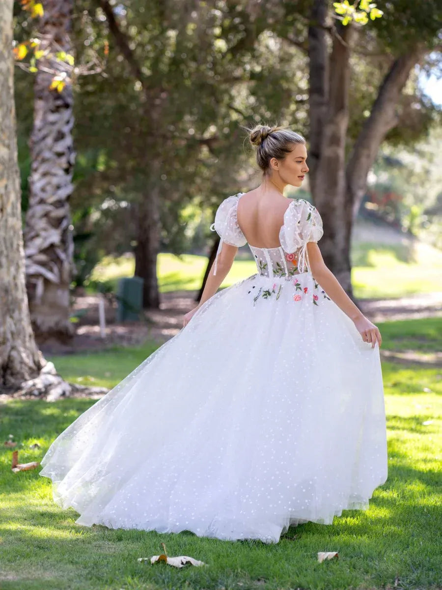 A-line Sweetheart Puffy Sleeves Embroidered Tulle White Long Prom Dress