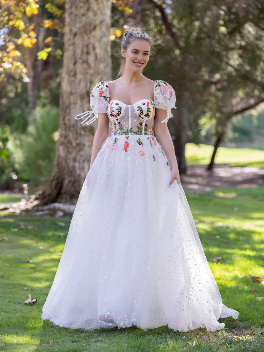 A-line Sweetheart Puffy Sleeves Embroidered Tulle White Long Prom Dress