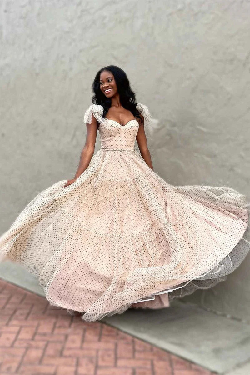 A-line Sweetheart Spaghetti-Strap Corset Dot Tulle Floor-length Prom Dress