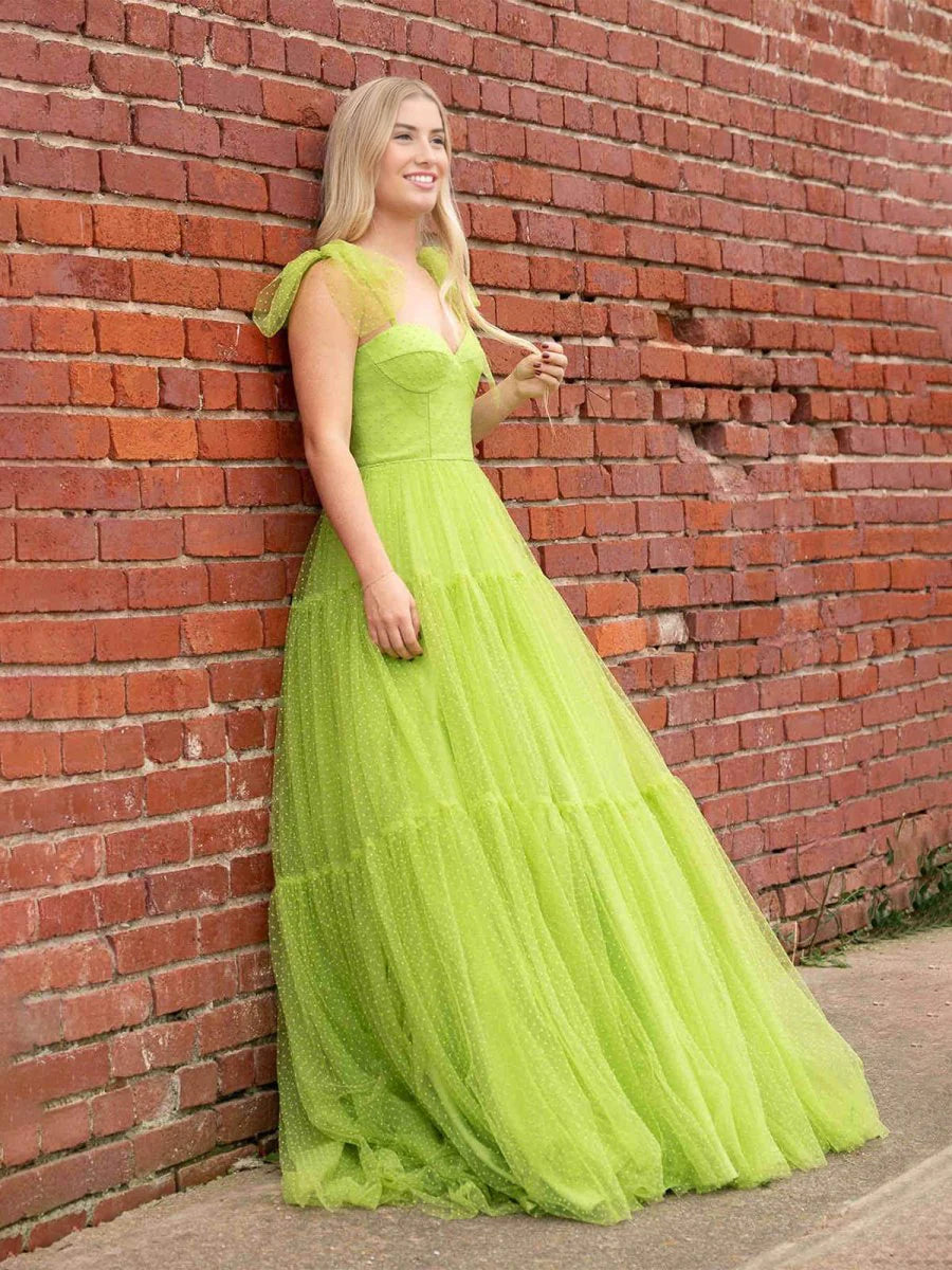 A-line Sweetheart Spaghetti-Strap Corset Dot Tulle Floor-length Prom Dress