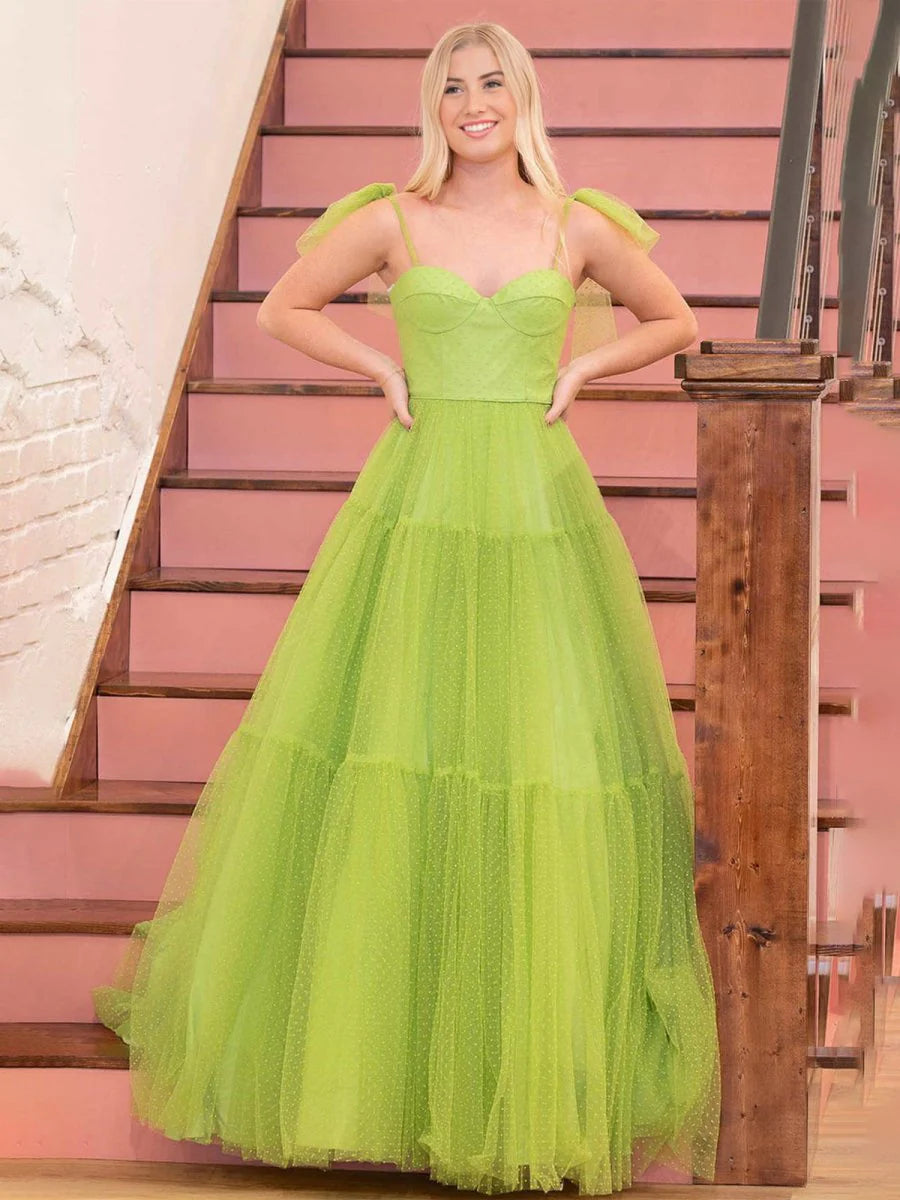 A-line Sweetheart Spaghetti-Strap Corset Dot Tulle Floor-length Prom Dress