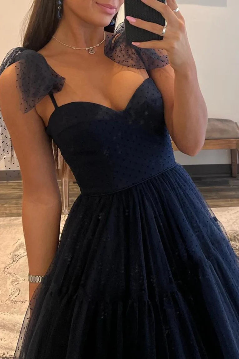 A-line Sweetheart Spaghetti-Strap Corset Dot Tulle Floor-length Prom Dress