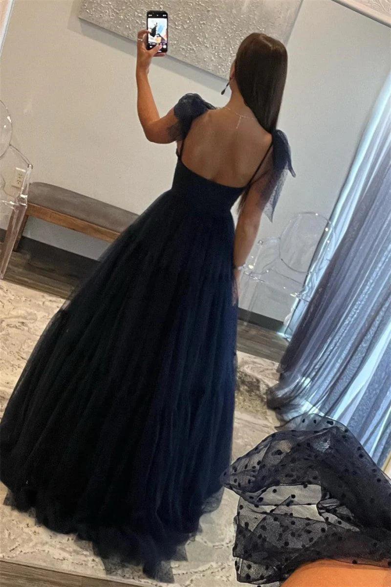 A-line Sweetheart Spaghetti-Strap Corset Dot Tulle Floor-length Prom Dress
