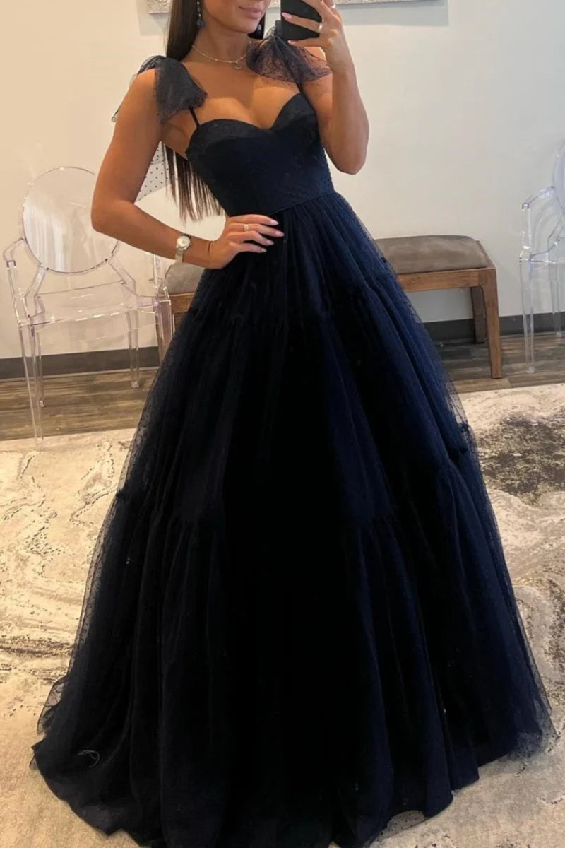 A-line Sweetheart Spaghetti-Strap Corset Dot Tulle Floor-length Prom Dress