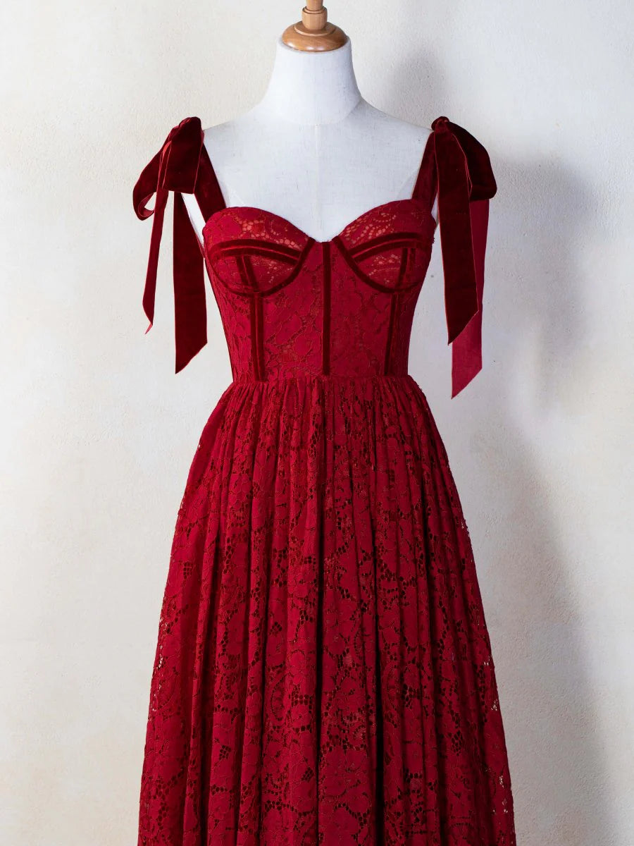 A-line Sweetheart Tie Bow Straps Corset Lace Red Tea Length Prom Dress