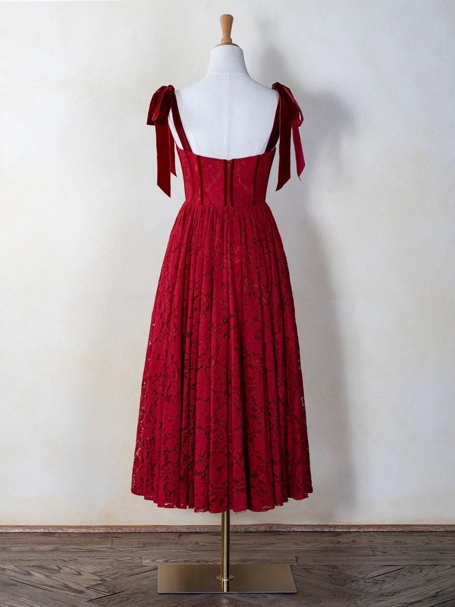 A-line Sweetheart Tie Bow Straps Corset Lace Red Tea Length Prom Dress