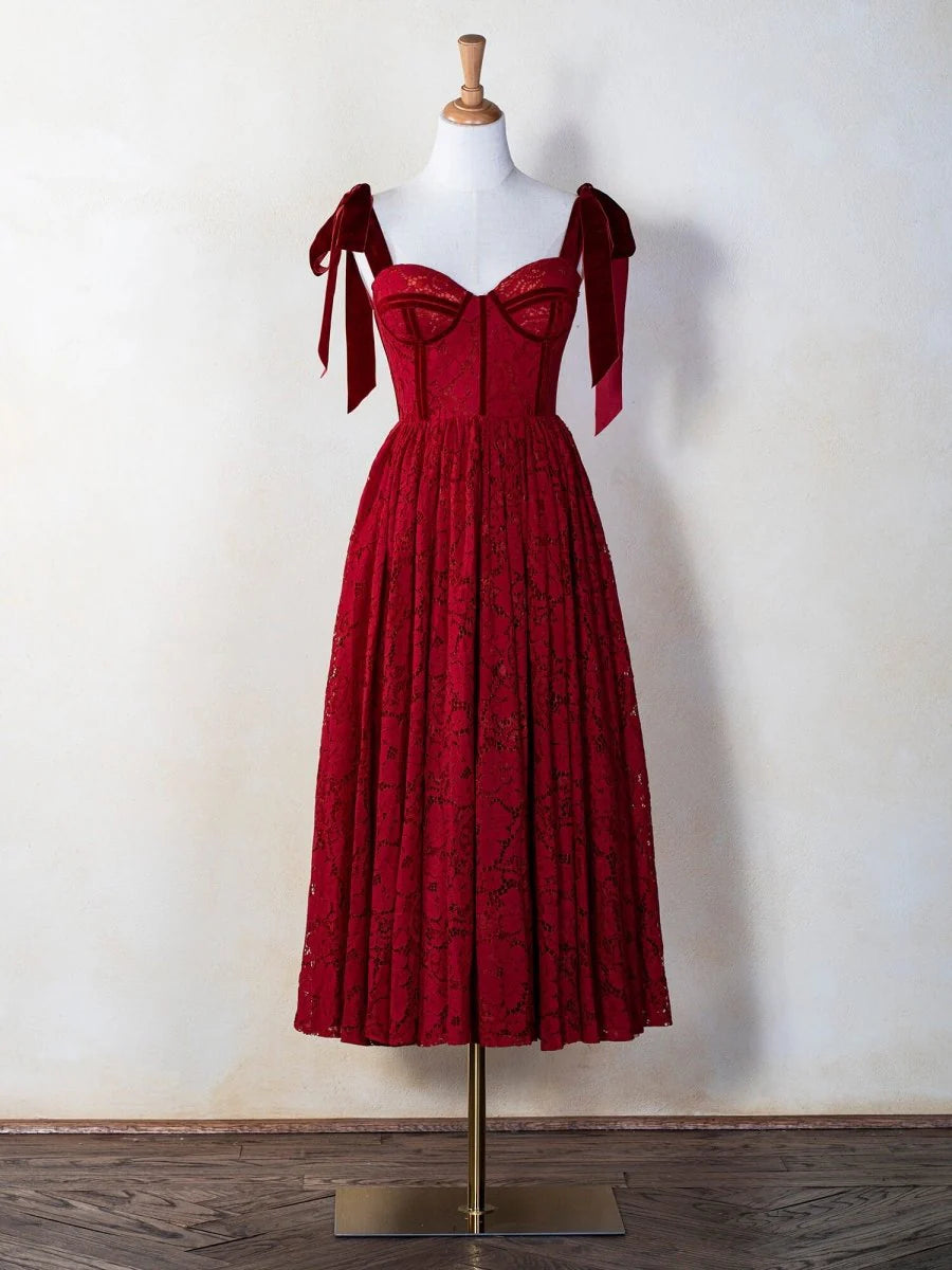A-line Sweetheart Tie Bow Straps Corset Lace Red Tea Length Prom Dress