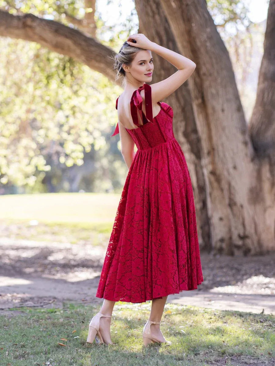 A-line Sweetheart Tie Bow Straps Corset Lace Red Tea Length Prom Dress