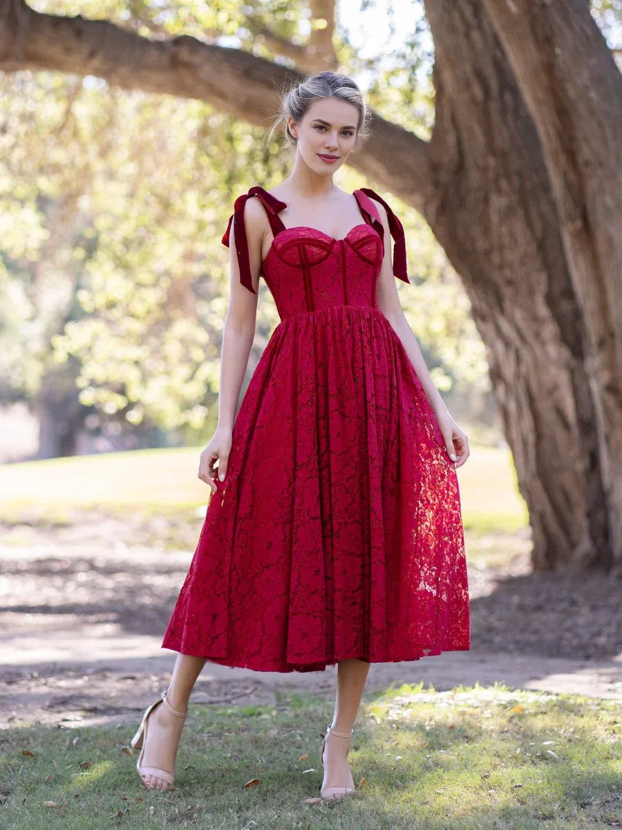 A-line Sweetheart Tie Bow Straps Corset Lace Red Tea Length Prom Dress