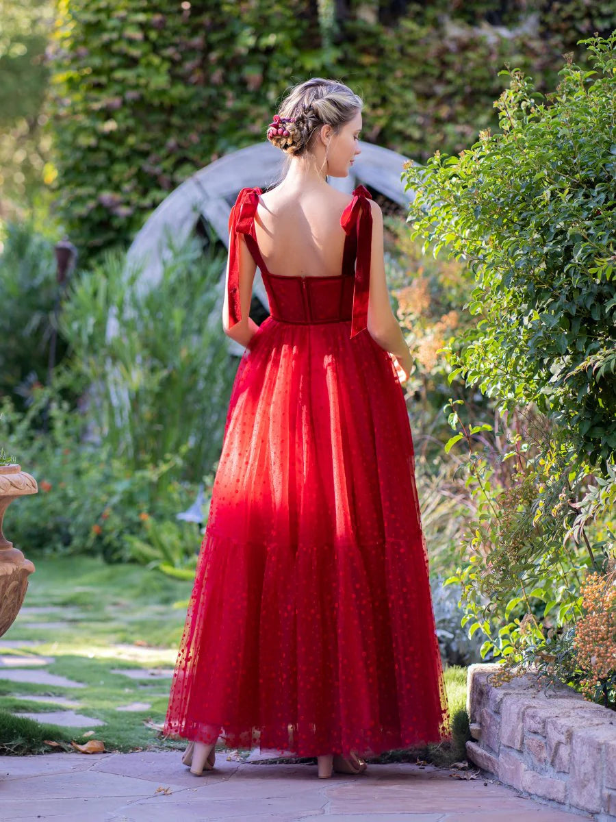 A-line Sweetheart Tie Straps Corset Dotted Tulle Red Ankle-length Prom Dress