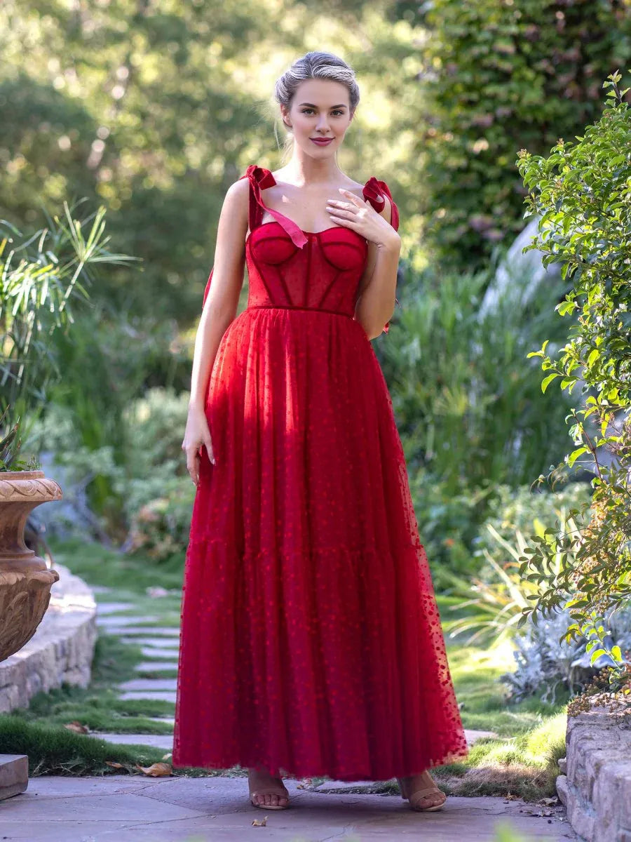 A-line Sweetheart Tie Straps Corset Dotted Tulle Red Ankle-length Prom Dress
