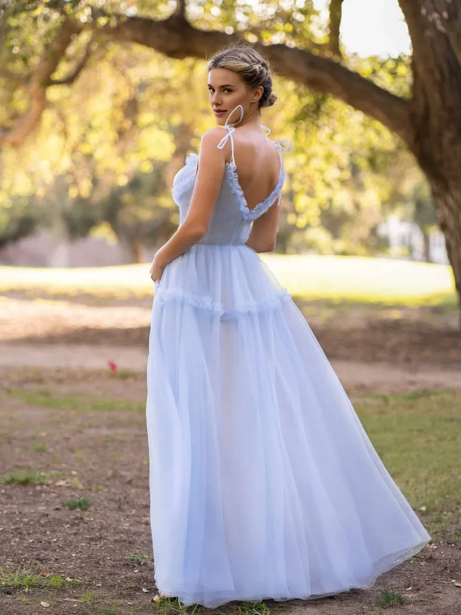 A-line Tie-Straps Ruffles Tulle Sky Blue Floor Length Prom Dress