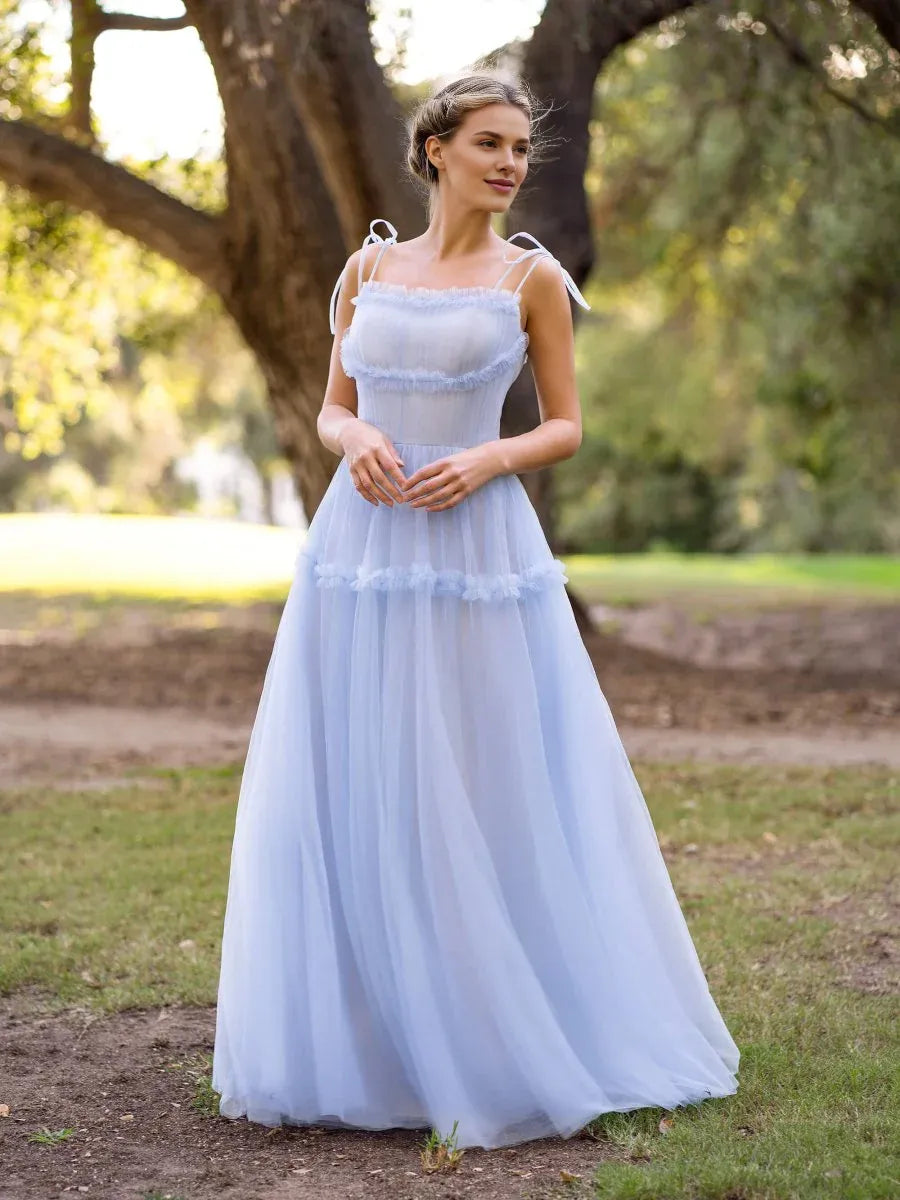 A-line Tie-Straps Ruffles Tulle Sky Blue Floor Length Prom Dress