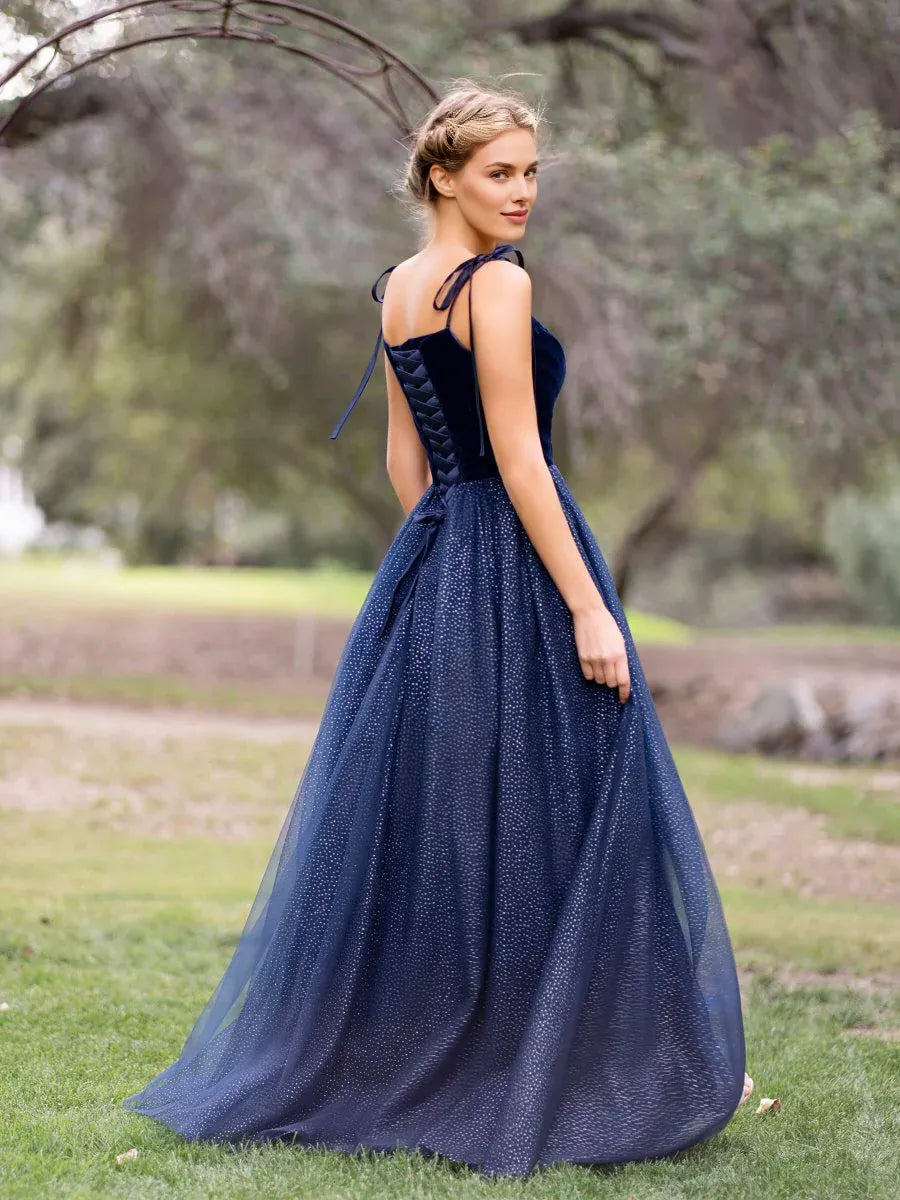 A-line Tie Straps Glitter Tulle Velvet Navy Blue Floor Length Prom Dress
