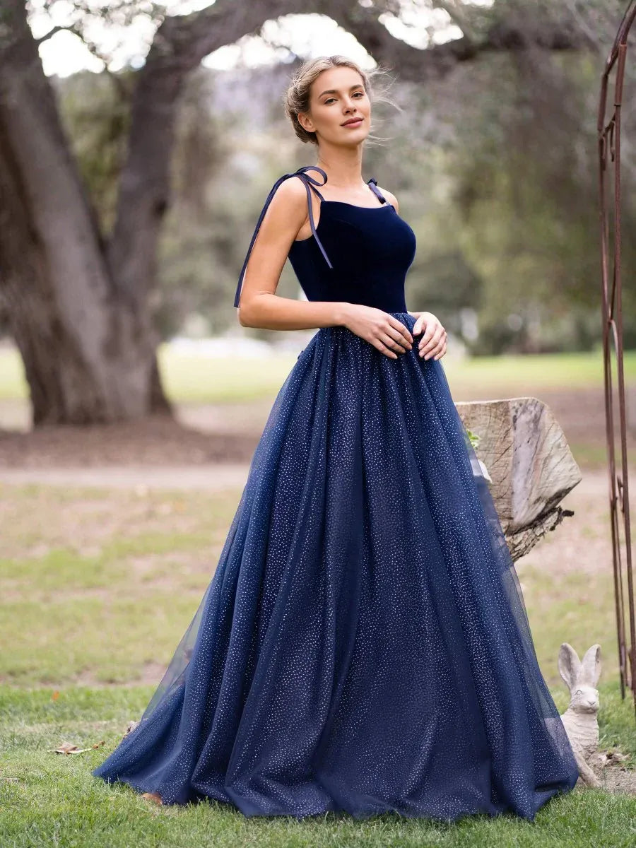 A-line Tie Straps Glitter Tulle Velvet Navy Blue Floor Length Prom Dress