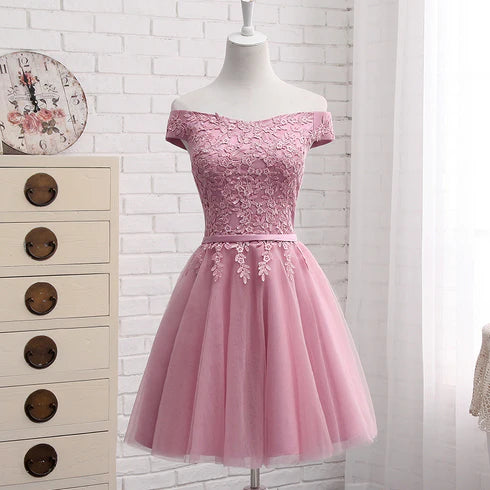 A-line Tulle Applique Off Shoulder Short Party Dress Homecoming Dress