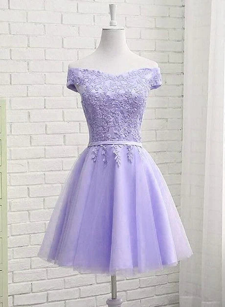 A-line Tulle Applique Off Shoulder Short Party Dress Homecoming Dress