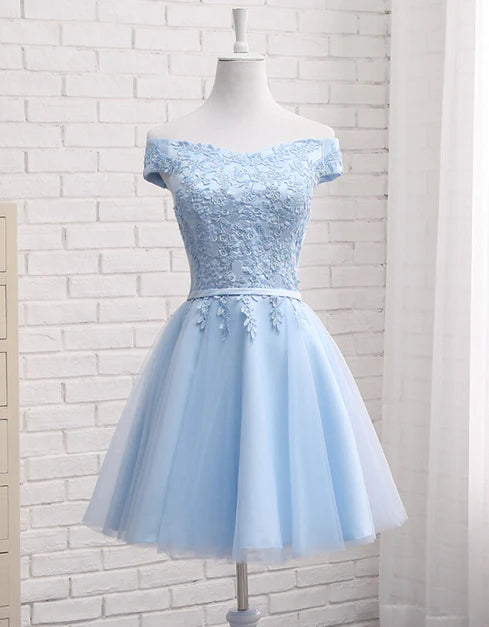A-line Tulle Applique Off Shoulder Short Party Dress Homecoming Dress