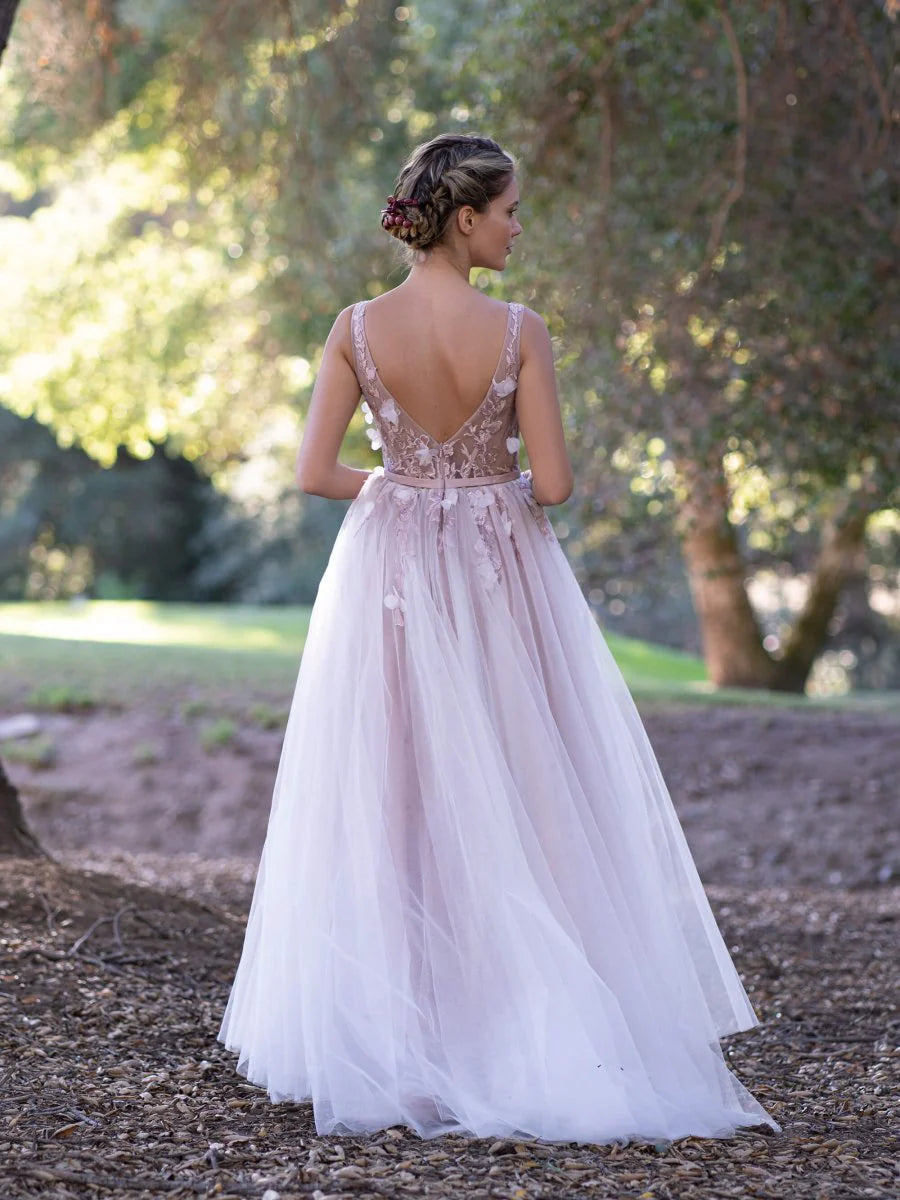 A-line V-Neck 3D Flowers Lace Tulle Pink Floor-Length Prom Dress