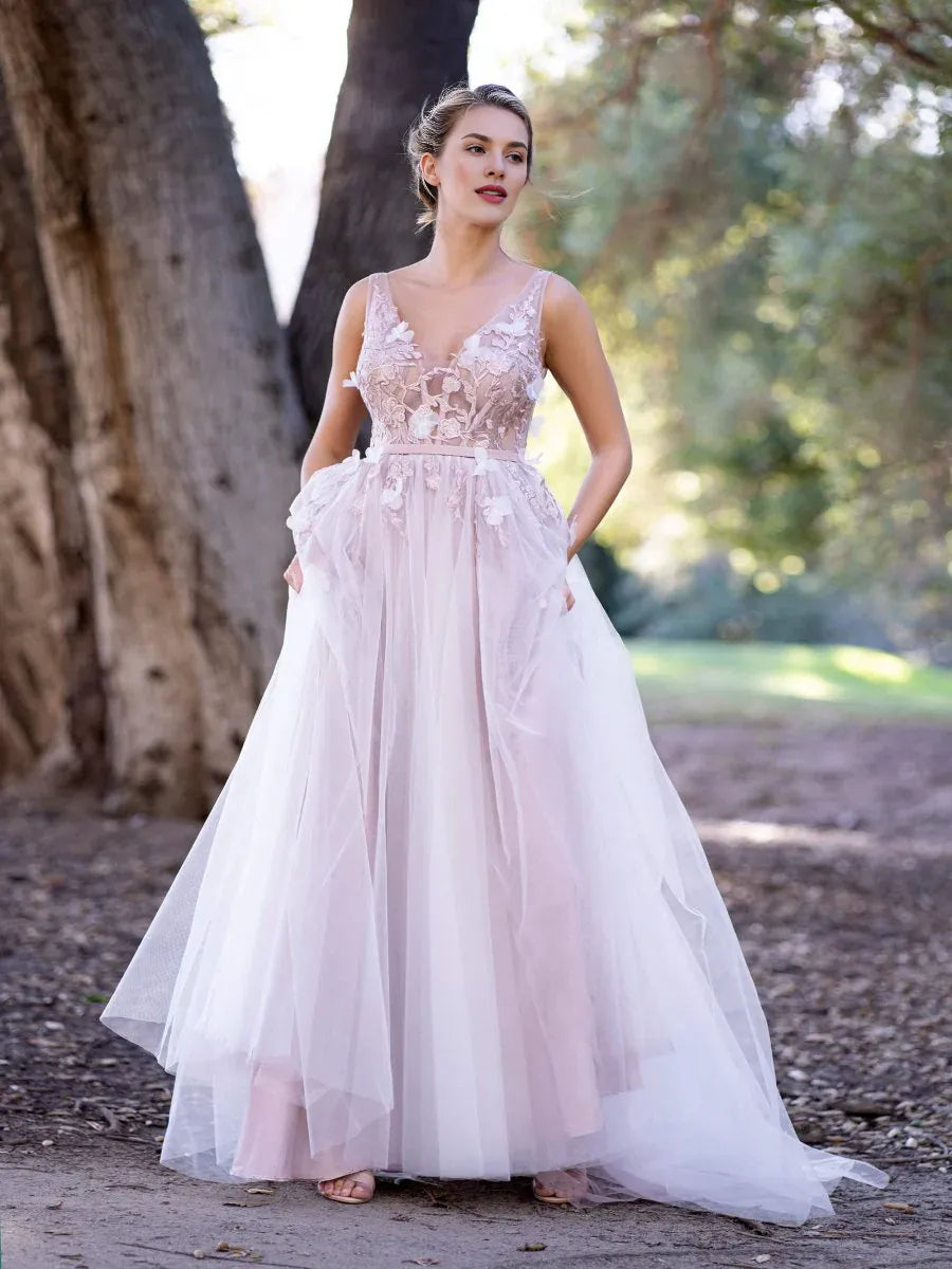A-line V-Neck 3D Flowers Lace Tulle Pink Floor-Length Prom Dress