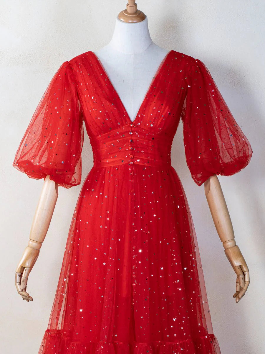A-line V-Neck Half Puff Sleeves Button Tulle Red Tea Length Prom Dress