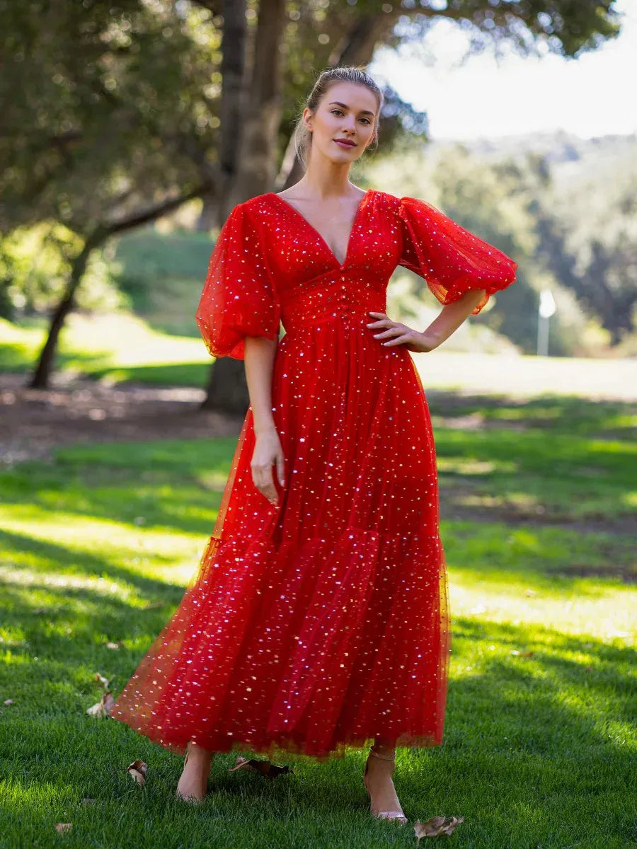 A-line V-Neck Half Puff Sleeves Button Tulle Red Tea Length Prom Dress
