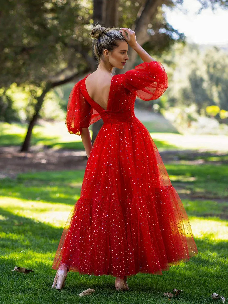 A-line V-Neck Half Puff Sleeves Button Tulle Red Tea Length Prom Dress